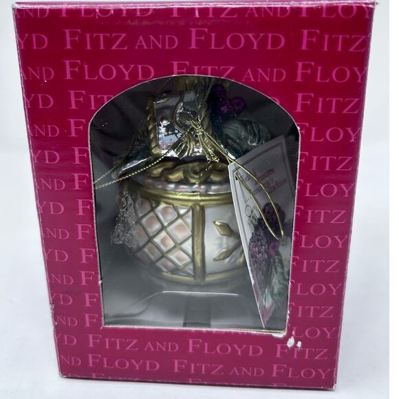 Fitz and Floyd Glass Ornament Snowy Woods Motif Gold Blue Purple Bow - Picture 8 of 10